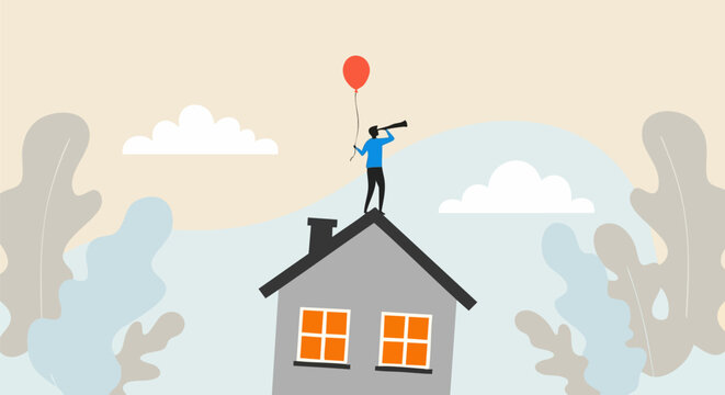 Real estate market vision concept, businessman with telescope on house roof holding red balloon, property investment and future planning vector
