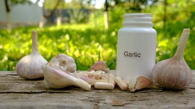 Garlic in supplements on the table. Selective focus. food.