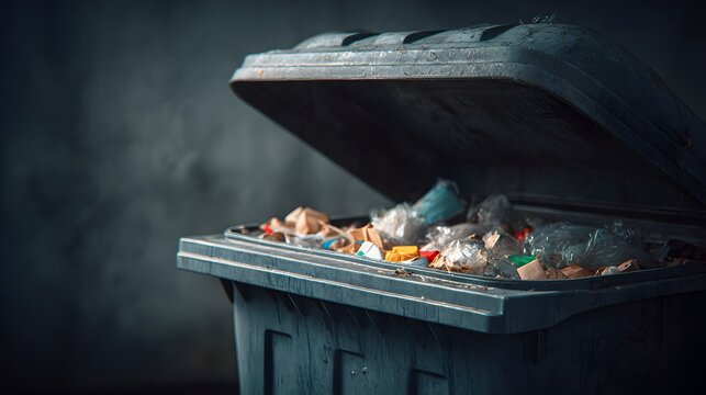 Close-up of opened overfilled trash bin.
