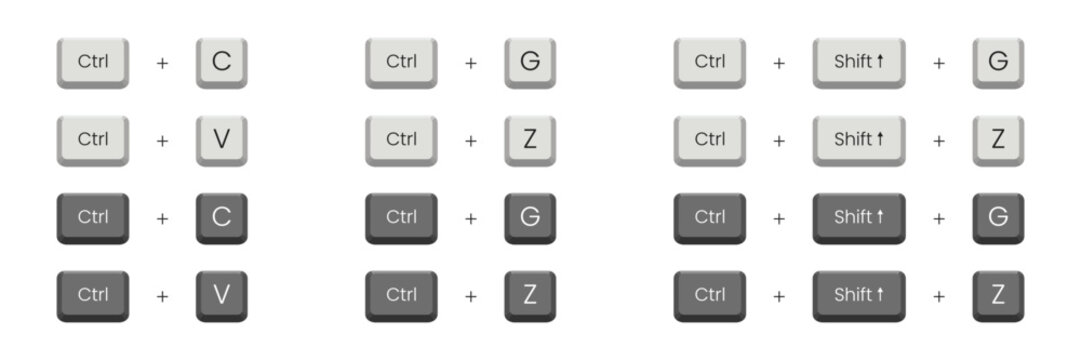 Core Keyboard Shortcut Keys Icon Set &ndash; Ctrl C V Z G Shift Copy Paste Undo Redo Vector UI