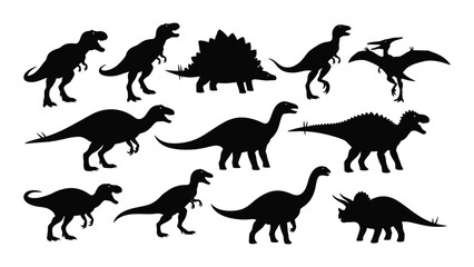 A collection of various dinosaur species depicted in black flat shapes showcasing prehistoric life in a minimalist silhouette high quality professional © JASMIN