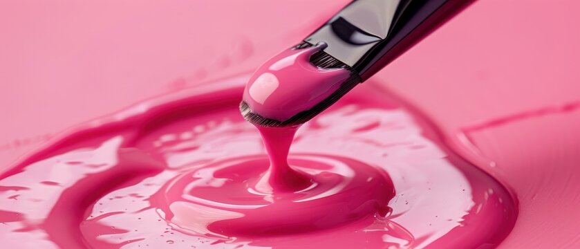  Fotografia macro de um pincel de esmalte rosa brilhante com uma gota caindo. Textura de cosm&eacute;tico l&iacute;quido para manicure e sal&atilde;o de beleza.