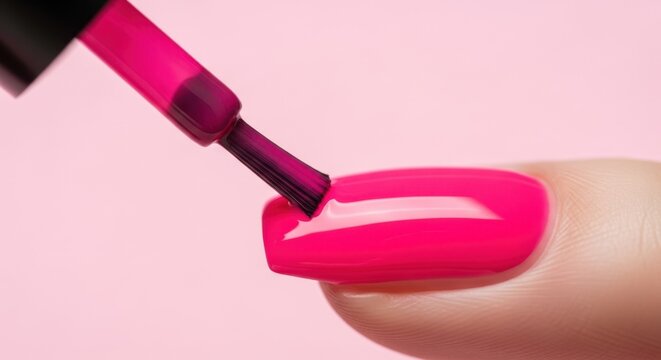 Close-up de um pincel aplicando esmalte rosa choque brilhante na unha. Conceito de manicure e sal&atilde;o de beleza.