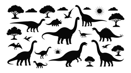 A collection of prehistoric dinosaurs and pterosaurs alongside trees and a sun depicted in black silhouette high quality professional detailed modern © JASMIN