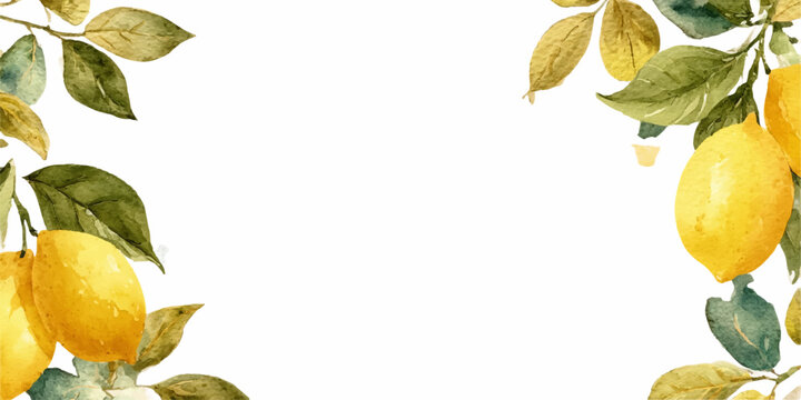 Watercolor lemons and green leaves framing a white background, creating fresh citrus border for summer recipes, natural organic food promotion, or refreshing drink designs