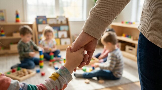 Teacher holding a child&rsquo;s hand in a bright preschool classroom, symbolizing care, safety and support in early childhood education.