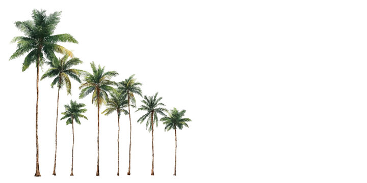 Row of tall and short palm trees descending diagonally, vibrant green fronds and brown trunks isolated on a clean white background for versatile design and cut out use