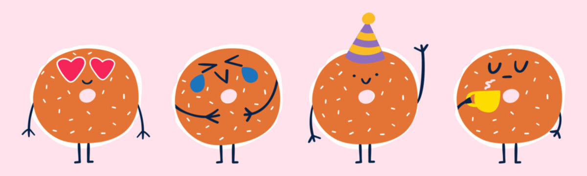 Cute Bagel Characters Set. One with Coffee, Laughing, Waving and In Love. Flat Vector Collection On Pink Background.