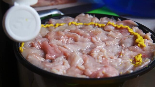 Raw chicken breast being seasoned and prepared for cooking.