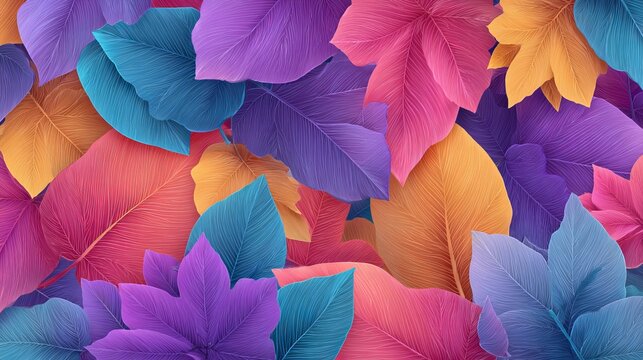 Summer colors blend like a tropical sunset. Bright blues, purples, oranges, pinks, and yellows create a vibrant backdrop for leaves. Perfect for posters and banners.