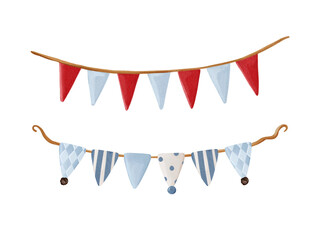 Circus bunting flags garland, watercolor isolated clipart. Decorative festive elements for party design, invitations, banners and celebration layouts © Eva Gentle