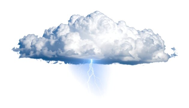 A fluffy, white cloud with a bluish-gray underbelly is isolated against white, with a striking bolt of lightning emanating