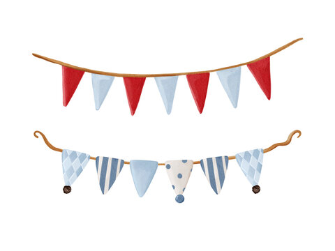Circus bunting flags garland, watercolor isolated clipart. Decorative festive elements for party design, invitations, banners and celebration layouts