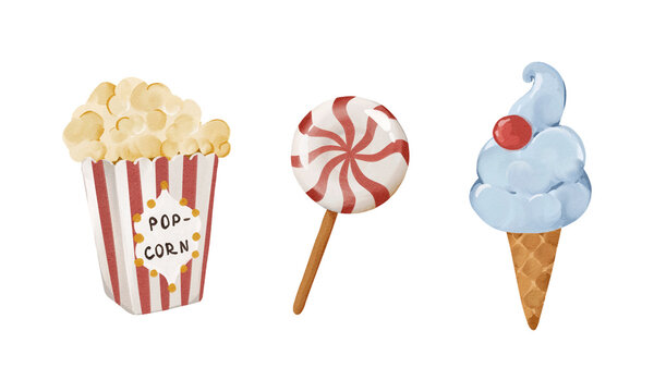 Circus food set with popcorn, lollipop and ice cream, watercolor isolated clipart. Ideal for kids design, menus, posters and carnival themed projects