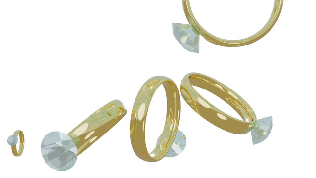 Dimond rings falling on transparent background