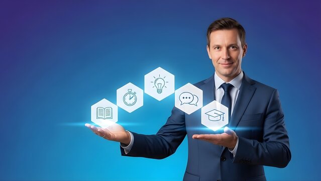 Professional businessman presenting glowing digital education and learning icons above open hands with smiling male professional technology with university