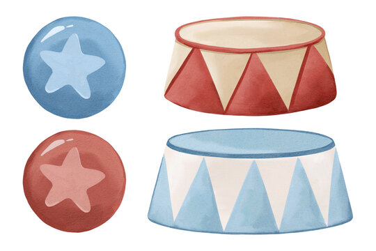 Circus pedestals and balls set, watercolor isolated clipart. Classic performance elements for animal shows, posters, branding and carnival themed design