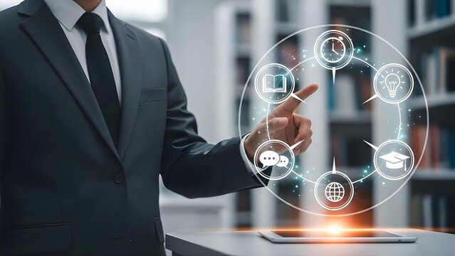 Businessman touching digital interface with education icons on tablet with interacting digital menu e learning communication connectivity with infographic