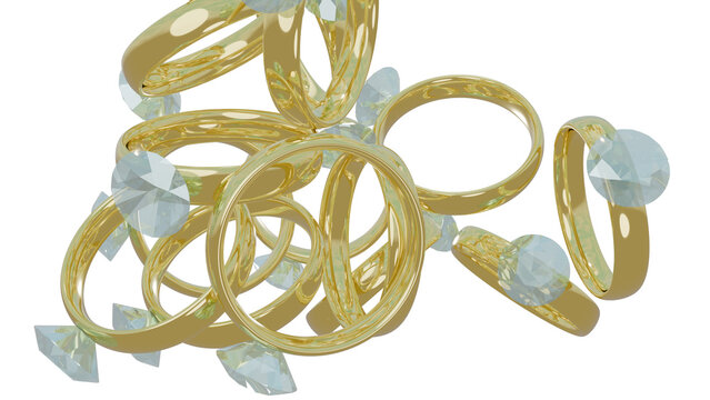 Dimond rings falling on transparent background