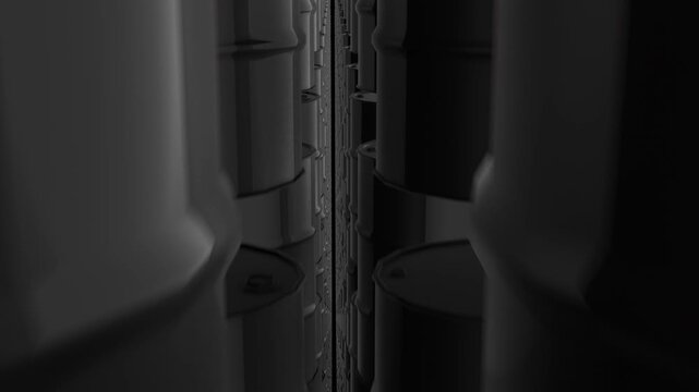 Passing Through Thousands of black crude oil barrel drums against a black backdrop. Ideal for financial videos about gas prices, and stock market analysis of the energy sector. 3D.