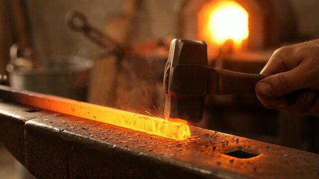 Blacksmith forging hot metal bar with hammer on anvil in workshop creating sparks and glowing light