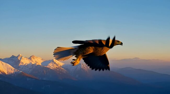 Eagle in flight soaring over snowy mountains during golden hour bird