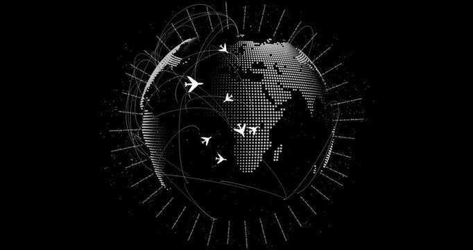 Dynamic animation of international flight routes and aviation logistics. Ideal for global business, travel industry, and supply chain concepts.
