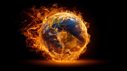 Fototapeta premium Burning Earth in Flames – Global Warming, Climate Change Catastrophe and Environmental Disaster Concept Illustration