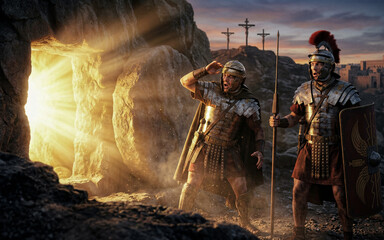 Fototapeta na wymiar Empty Tomb of Jesus Christ with Roman Soldiers – Easter Resurrection Biblical Scene