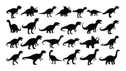 A collection of various dinosaur silhouettes including tyrannosaurus rex and triceratops arranged across a white background silhouette high quality professional detailed © JASMIN