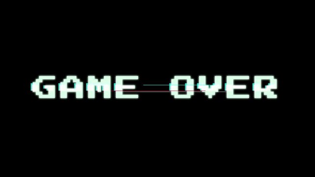 Retro pixelated 'Game Over' message with glitch effect on a black screen, representing a digital defeat or end of play