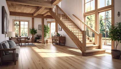 Obraz premium A spacious, well-lit living room with wooden accents and staircase