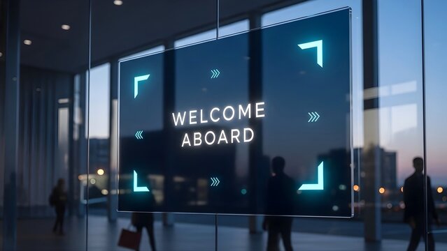 Holographic welcome aboard sign displayed on glass screen with blurred business people silhouettes in modern office background with depicts futuristic holographic