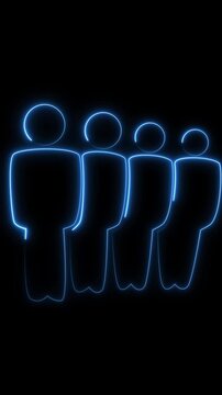 Blue neon outline of four human figures standing side by side. Neon human figures in a line on black background. Abstract neon people group animation.