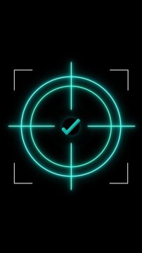 Cyan neon crosshair target reticule with corner brackets. Glowing cyan target icon for aiming and precision. Neon cyan target reticle animation.
