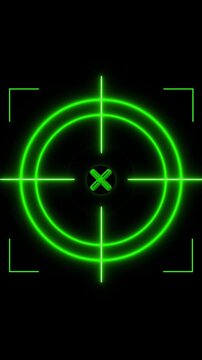 Neon green crosshair target reticule with corner brackets. Glowing green target icon for aiming and precision. Neon green target reticle animation.