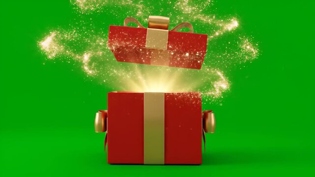 A video showcasing a magical moment as a red gift box explodes with smaller gifts and sparkling lights on a green background