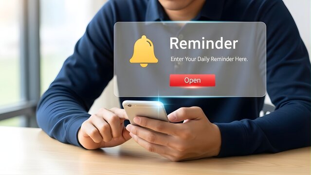 Man interacting with smartphone displaying daily reminder notification with using smartphone holographic notification overlay person using with communication