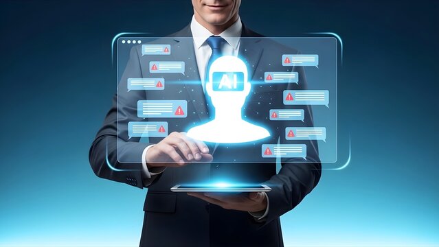 Businessman interacting with holographic ai display using tablet device with man suit operating futuristic hologram artificial intelligence machine learning