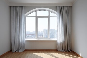 Fototapeta premium Light gray curtains frame a large arched window overlooking a city view.