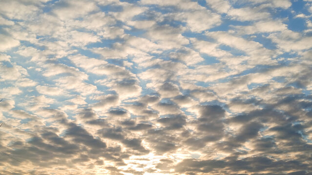 Blue sky with white puffy clouds, beautiful sky background texture. Clean air and clouds