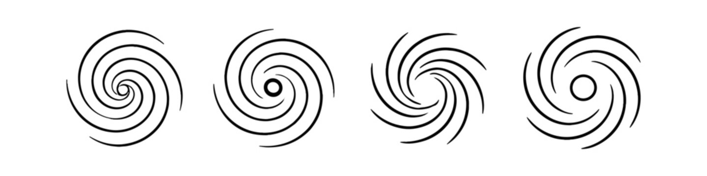 Collection of stylized hurricane and cyclone symbols in black and white