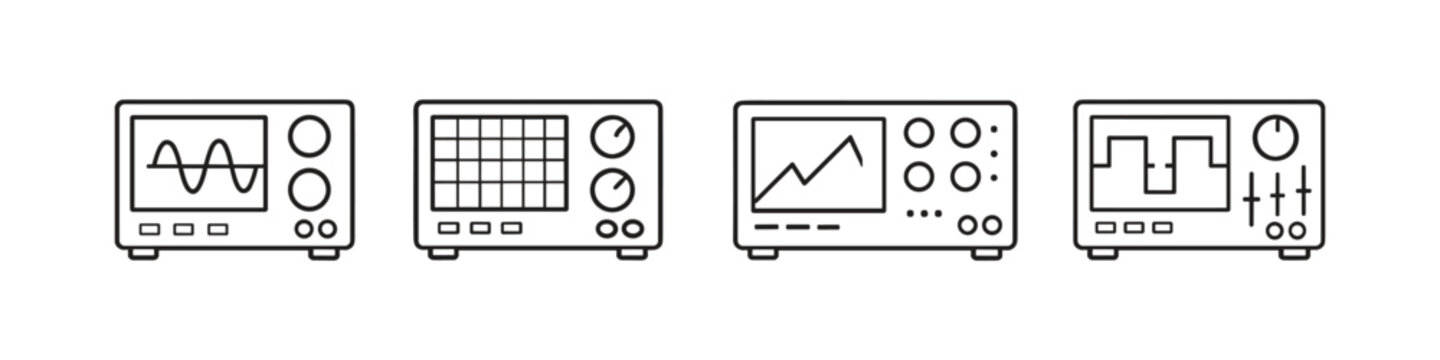 Set of four oscilloscope icons showing different waveforms and grid displays