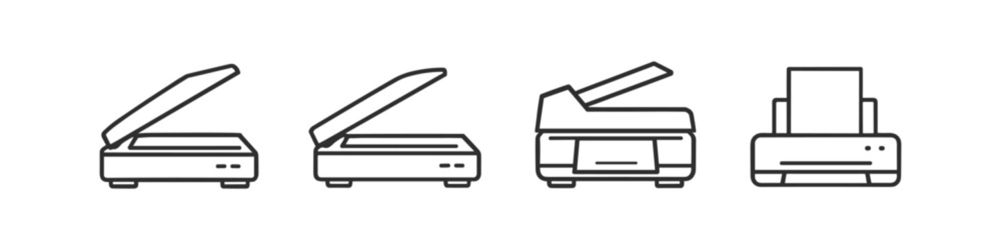 Collection of flat design icons representing scanners and printers