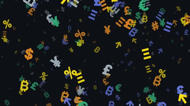 Dynamic abstract illustration of global currency and digital finance symbols scattering against a dark background.