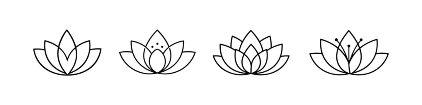 Set of four minimalist lotus flower line art icons for wellness and beauty brands