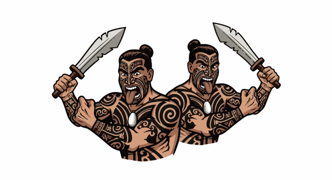 Two warriors with elaborate tattoos brandish sharp swords