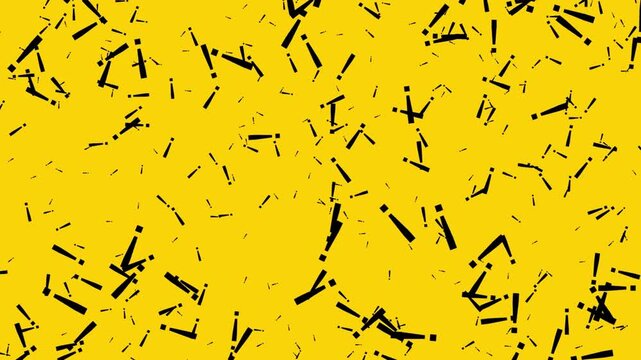 Abstract Digital Graphic Featuring a Chaotic Scattering of Black Exclamation Marks on a Vibrant Yellow Background Pattern