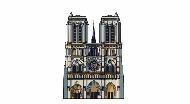 Stylized drawing of a grand gothic cathedral with twin towers and rose window