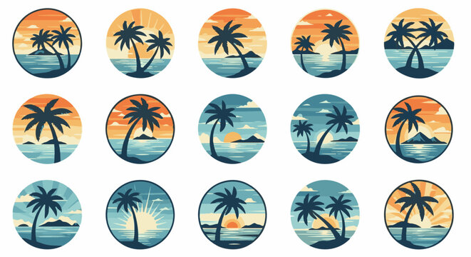 Stylized circular tropical beach sunset and sunrise scenes with palm trees
